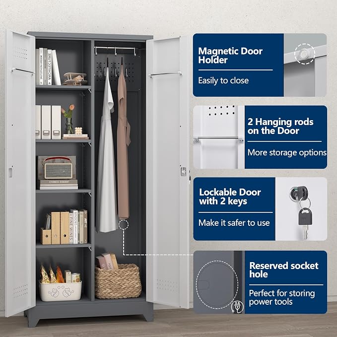 72.8" H Metal Garage Storage Cabinets with Doors and Shelves, Broom Closet Storage Cabinet, Tool Cabinets with Hanging Rod, Cleaning Storage Cabinets for Garage, Office, Laundry Room