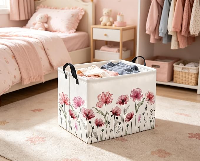 Rectangular Valentines Basket for Women Girls Storage Bin Organizer Box Shelf Room Decor(Silk Flower)
