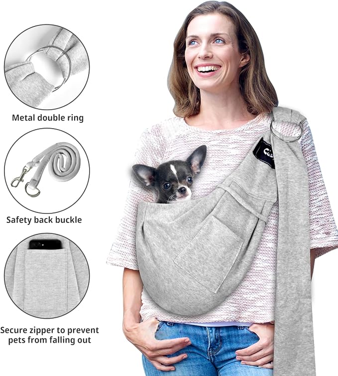 Dog and Cat Sling Carrier - Hands Free Reversible Pet Sling Bag - Ring Sling Adjustable - Suitable for Puppy, Small Dogs Cats Outdoor(Grey)