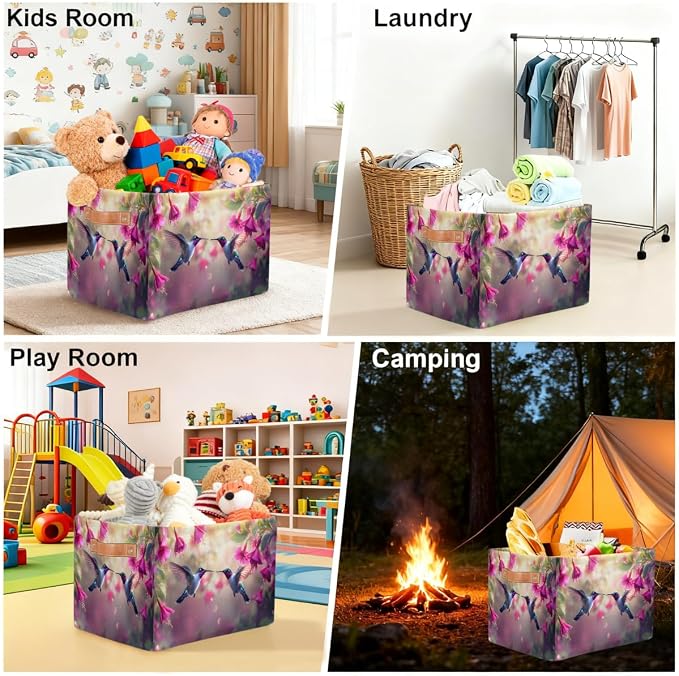 Pardick Storage Baskets Bin, Spring Hummingbird Flower Collapsible Canvas Fabric Storage Bin Decorative Baskets Toy Organizer Rectangle Storage Boxes with handles for Home Shelves Nursery,Q-3