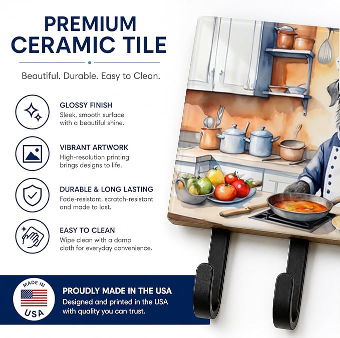 Caroline's Treasures Scottish Deerhound The Chef Leash or Key Holder Wall Hooks, Key Hooks Holder, Coat Rack Wall Mount, Coat Hooks, Hooks for Hanging Keys, Towels, Aprons, Leashes | Scottish Deerhound The Chef artwork on ceramic tile with three steel ...