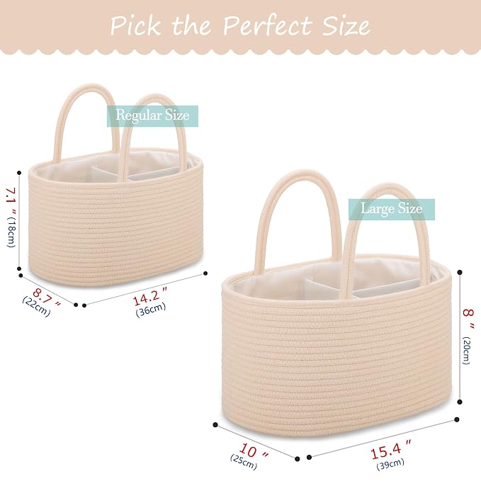 COMSE Large Cotton Rope Baby Diaper Caddy Organizer with Handles, Beige