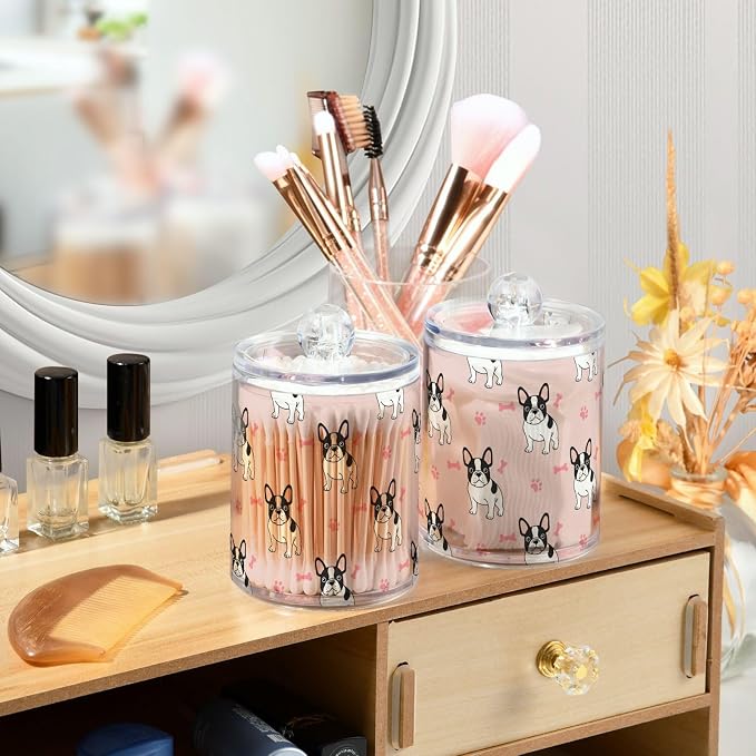 DOMIKING 2 Pack Plastic Cotton Swab Ball Pad Holder Dog Pink Pets Print Jars Bathroom Storage Organizer Bathroom Jars with Lid for Cotton Rounds Floss Picks Hair Accessories
