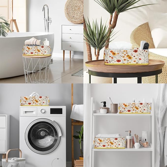 Red Yellow Flowers Bathroom Storage Basket, Foldable with Handle Open Countertop Paper Towel Decorative Box, Toilet Tank Top Shelf Baskets for Home Closet Bedroom Living Room Office