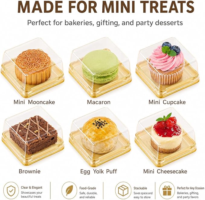 DOITOOL 100 Pcs Mini Cake Containers 2.24 Inch Mooncake Packaging Boxes | Individual cupcake containers with clear lids, gold plastic flan dessert dome for macarons muffins cookies wedding birthday