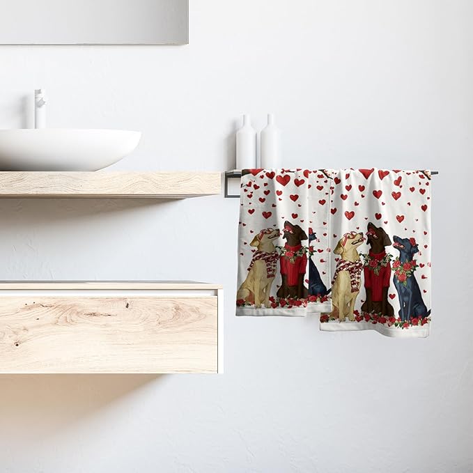 Giwawa Love Dog Towels Set of 2, Romantic Red Hearts Tree Rose Floral Decorative Hand Towels, Funny Puppy Soft Microfiber Face Towel Washcloth for Bathroom Guest Hotel Gym Spa