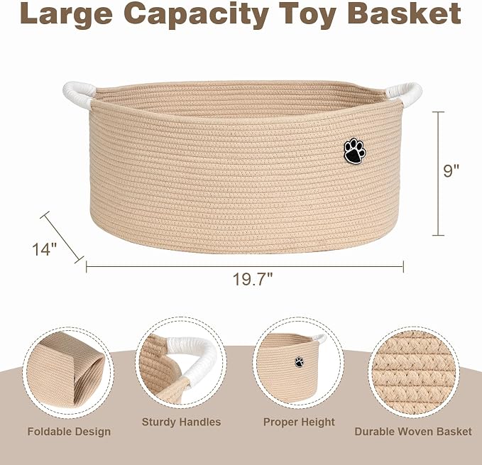 Optish 40L Extra Large Dog Toy Basket, 20" x 14" x 9" XL Toy Storage Box and Bin with Handles, Woven Cotton Rope Foldable Basket for Blankets, Living Room, Bedroom, Home Decor, Camel