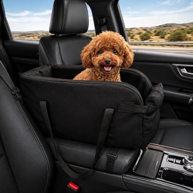 Center Console Dog Car Seat for Pets Up to 9 lb, Black | Water-resistant faux leather; 16.41 x 7.87 x 8.66 in; pets up to 11 in long. Measure your console before purchase.