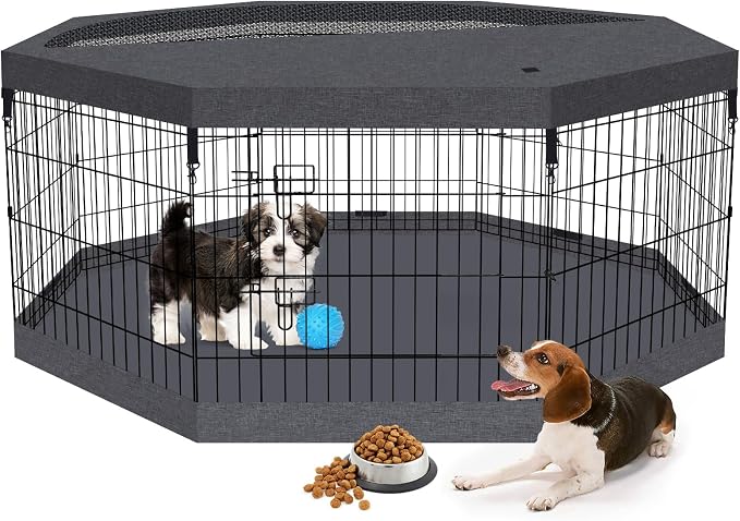 Peekaboo Dog Playpen 24" H 8-Panel with Octagonal Top Cover & Bottom Pad | 24-inch black 8-panel rustproof metal dog playpen with built-in door, foldable design, top cover and waterproof bottom pad.