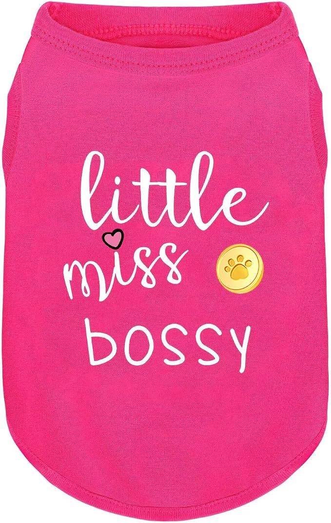 Pink Cotton Dog Shirt with 'Little Miss Bossy' Print, Soft & Breathable Pet Apparel for Small to Large Dogs, All-Season Sleeveless Vest, Cute and Comfortable Dog Outfit.Pink Gold S