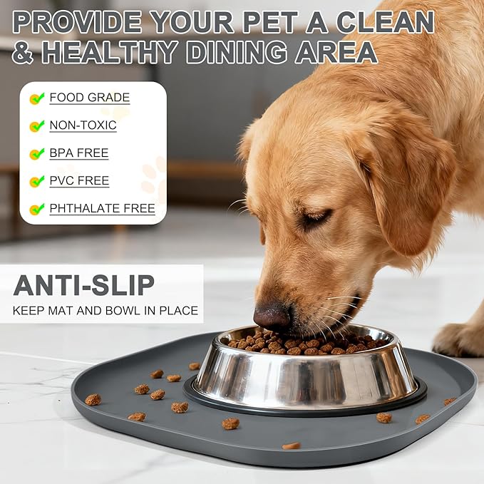 SMILOOL Small Silicone Pet Food Mat with Raised Edge for Food and Water Bowl, Square Dog Feeding Mats, Cat Food Trays for Floor Waterproof, Rubber Tray for Dogs and Cats, 12 x 12 x 0.7 Dark Grey