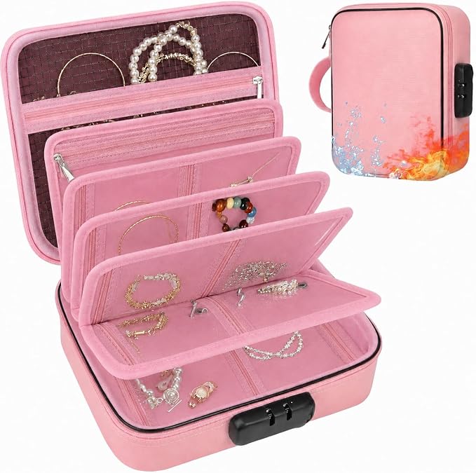 Fireproof Travel Jewelry Organizer Case with Lock & 6 Binder Pages | Silicone-Coated Fiberglass, Tangle-Reducing Layout Clear Storage Book for Necklaces Earrings Rings Bracelets-Bag Only Pink
