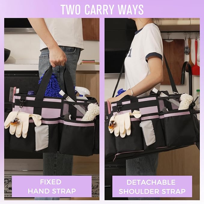 SCAVATA Wearable Cleaning Caddy, Cleaning Caddy Supplies Organizer with Handle & Shoulder Straps for Housekeepers, Under Sink & Car Cleaning Tool Organizers Bag with 4 Foldable Divider (Lilac)