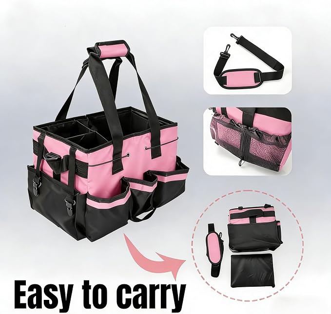 Tool Organizer Tote Bag, Pink and Black, Large Capacity with Adjustable Compartments, Portable Cleaning Storage Caddy, 14.96x10.63x9.06 Inches