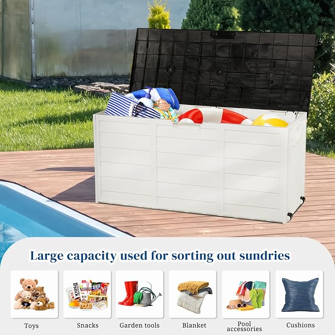 75 Gallon Outdoor Storage Box with Wheels, Waterproof Resin Deck Box for Patio Cushions & Garden Tools, Rolling Garden Storage Bin, Weather Resistant Trunk