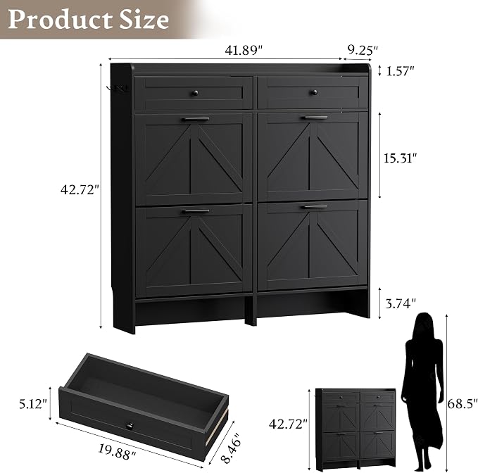 BORNOON Shoe Storage Cabinet for Entryway, Farmhouse Wide Shoe Cabinet with 4 Flip Drawers and 2 Top Drawers, Freestanding Organizer with Adjustable Shelves, Hooks, and Anti-Tip Kit for Hallway