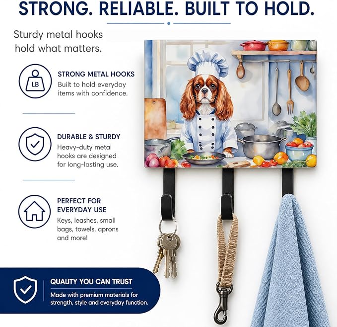 Caroline's Treasures Cavalier Spaniel The Chef Leash or Key Holder Wall Hooks, Key Hooks Holder, Coat Rack Wall Mount, Coat Hooks, Hooks for Hanging Keys, Towels, Aprons, Leashes | Cavalier Spaniel The Chef artwork on ceramic tile with three steel hook...