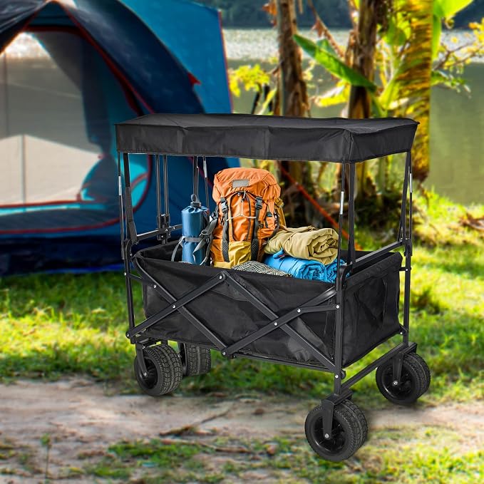 Black Removable Wagon Canopy Attachment with Rods, Foldable Sun Shade Cover | for Collapsible Beach Utility Carts, Folding Wagons, Outdoor Picnic Trolleys