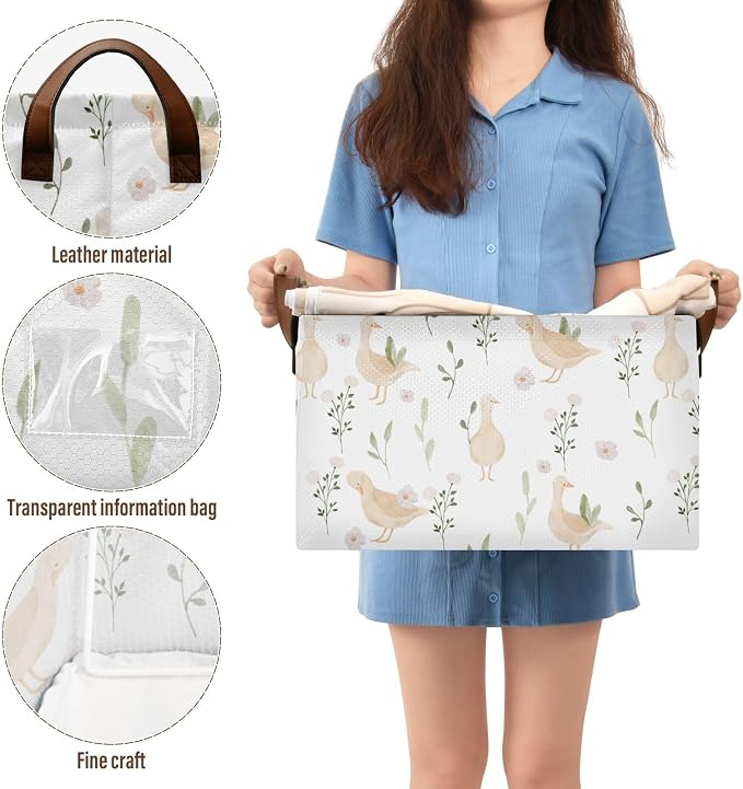 Cute Goose with Floral and Leaves Storage Basket Foldable Cube Storage Bins with Handles&Label Collapsible Organizer Box Bin Large Rectangle Decorative Baskets for Shelves Home Living Room Closet