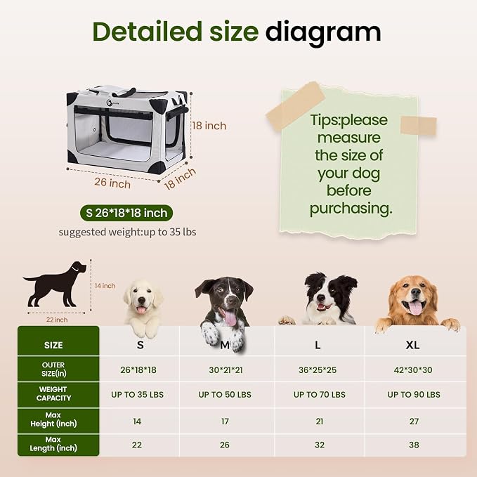 Portable Collapsible Soft Dog Crate for Small Dogs, 26in Grey | Oxford Cloth Travel Camping dog kennel with 4 Mesh Windows & 2 Storage Pockets,for Indoor & Outdoor Use