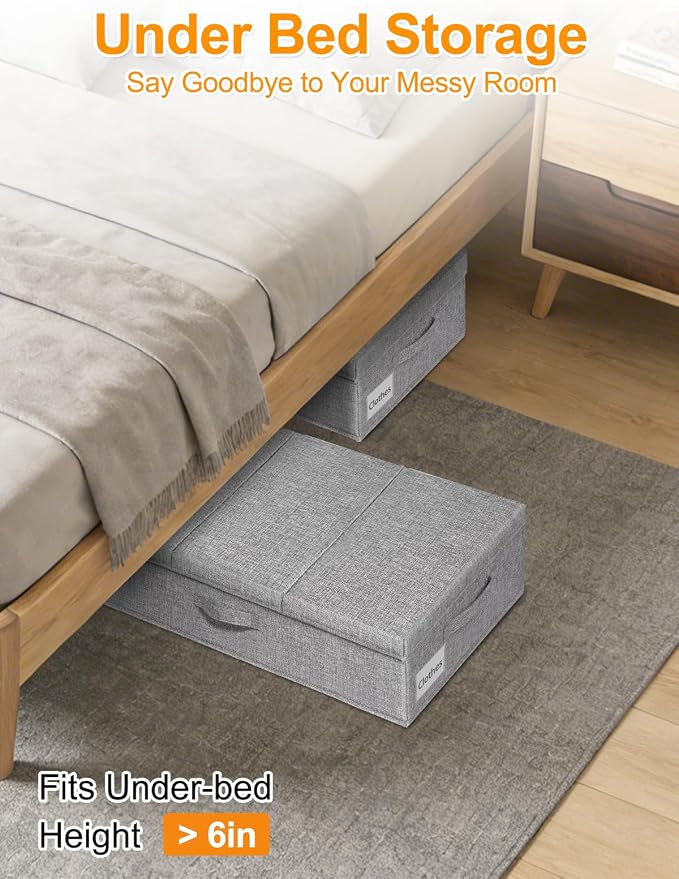 punemi 6 in Tall Under Bed Storage Containers with Lids, 2 Pack, Grey | Stackable Design, Sturdy 3 Handles, for Blankets, Clothes, Comforters & Toys, Underbed & Closet Organization