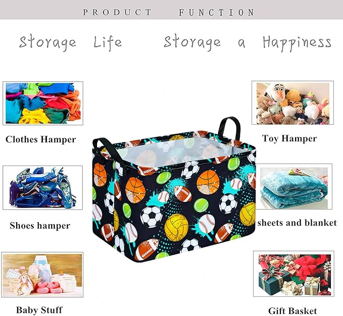 Kid Clothes Storage Basket Gift Shelf Basket Toy Storage Bin, Nursery Basket Organizer Box for With Handles for Room Deco Football Basketball Pattern