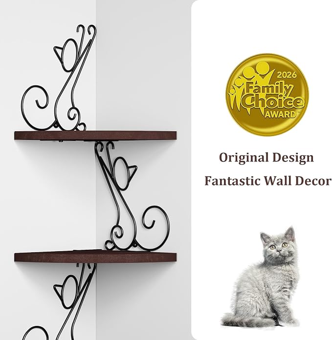 Alsonerbay 4-Tier Cat Shaped Corner Floating Shelf Wall Mount, Walnut | Curved solid wood, 35.2 lbs total capacity, reinforced metal bracket, rustic decor, for bedroom, living room & kitchen
