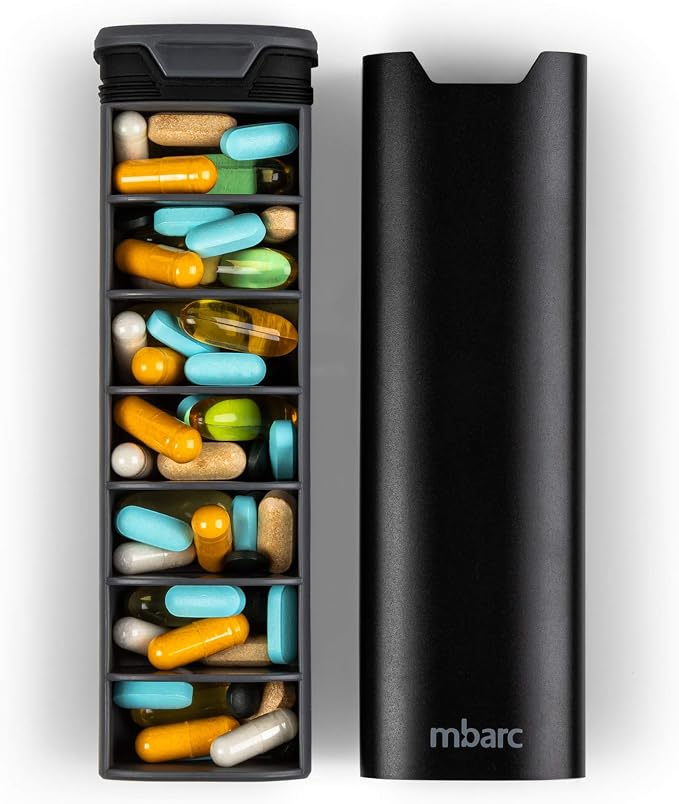HigherHuman 7 Day Weekly Pill Organizer 2.0 by mbarc - Premium Stylish Aluminum and Wood Large Capacity Pill Box for Supplements, Pills, Vitamins and Medication. (Midnight Black)