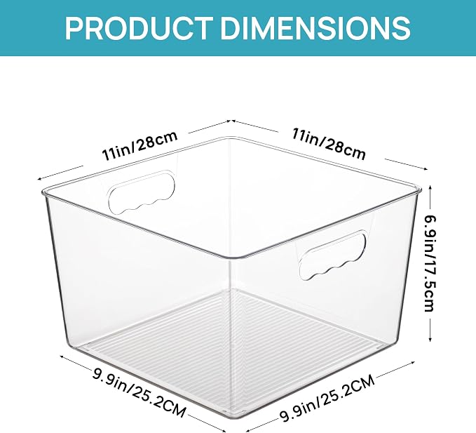 Vtopmart 6 Pack Extra Large Clear Storage Bins, 11x11 Cube Organizer | Acrylic Cube Storage Bins, Plastic Containers with Handle for Pantry, Kitchen, Closet, Laundry Room, Bathroom, Under Sink