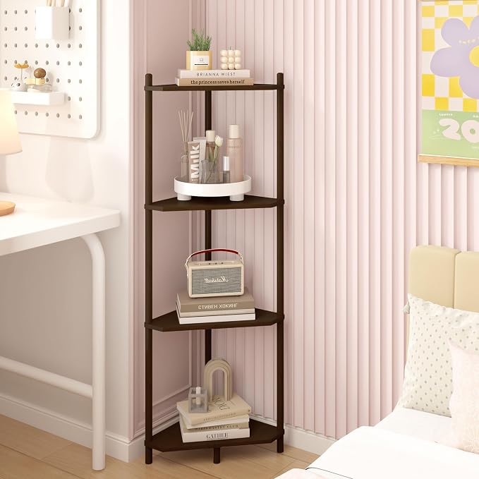 Wisuce Brown Small Corner Shelf Stand, 4-Tier Bamboo Corner Bookshelf | Space-Saving Narrow Corner Shelf | Bathroom Corner Shelf | Shelves for Bedroom, Living Room, Kitchen & Plant Display
