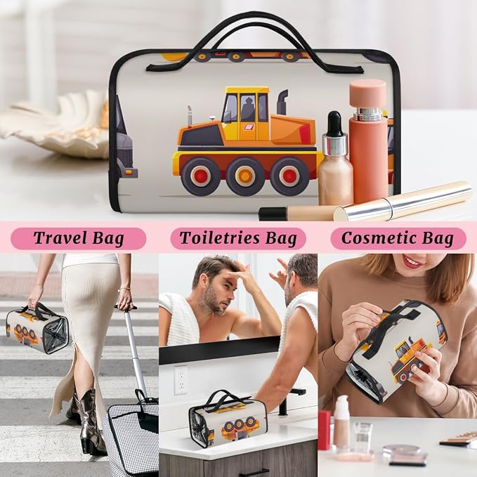 Car Makeup Bag for Women Hanging Roll-Up Travel Organizer Toiletry Kit with 4 Removable Compartments, Truck