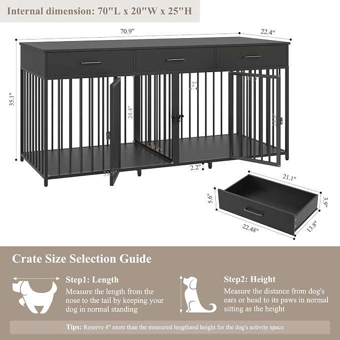 HOSTACK Double Dog Crate, 71"W Indoor Dog Kennel Furniture for 2 Dog, Black | 3 Drawers for Easy Storage, Heavy-Duty Cage, Removable Divider, Slide Bolt Latch, Modern Farmhouse Pet House for XL/XXL Dogs
