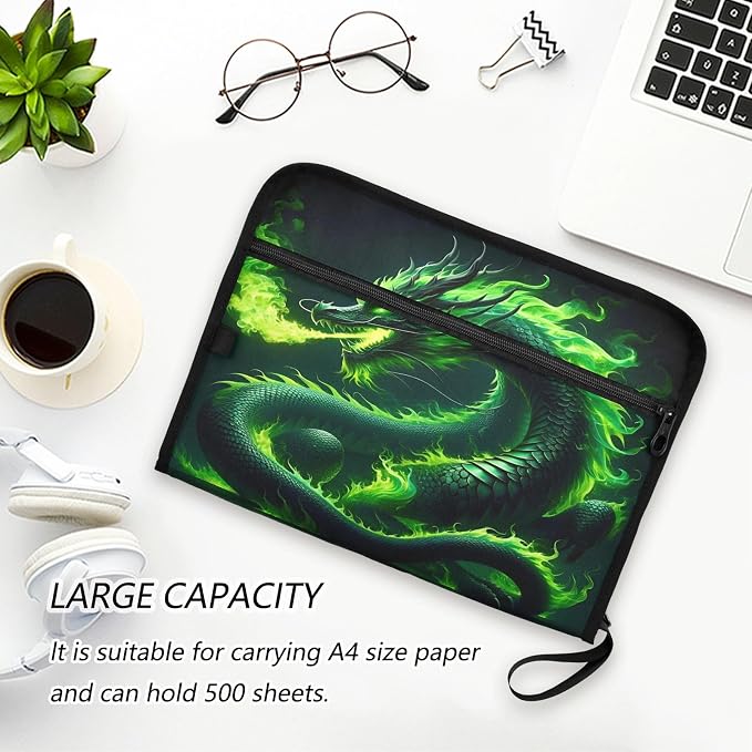 Green Fire Dragon File Organizer 13 Pocket Expanding File Folder with Front Pouch Portable Business Fire Storage Document Organizer Folder with Zipper
