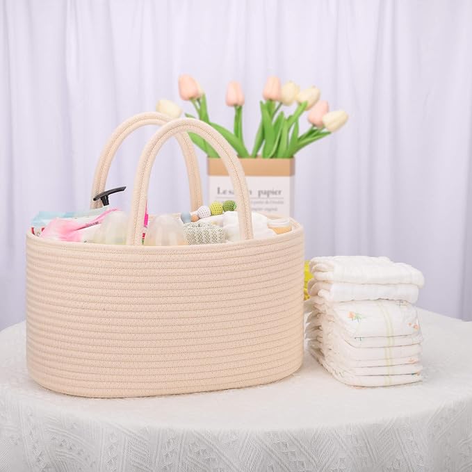 COMSE Baby Diaper Caddy Organizer with Handles, Cotton Rope, Beige
