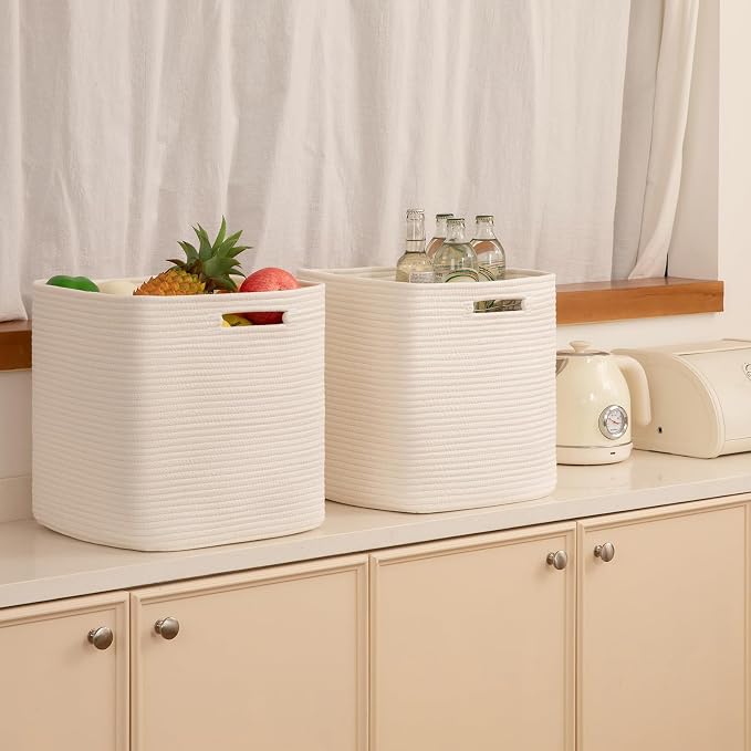OIAHOMY 3 PACK Cube Storage Bin 13 Inch Collapsible Storage Cube White | Cube Storage Organizer Storage Bins for Shelves Baskets for Organizing Woven Rope Storage Baskets