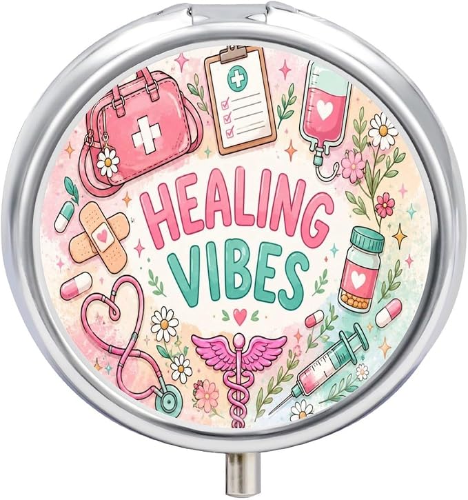 Healing Vibes with Pastel Blooms Round Pill Box with 3 Compartments, Portable Travel Pill Organizer with Spring Snap Closure for Vitamins Supplements Fish Oil
