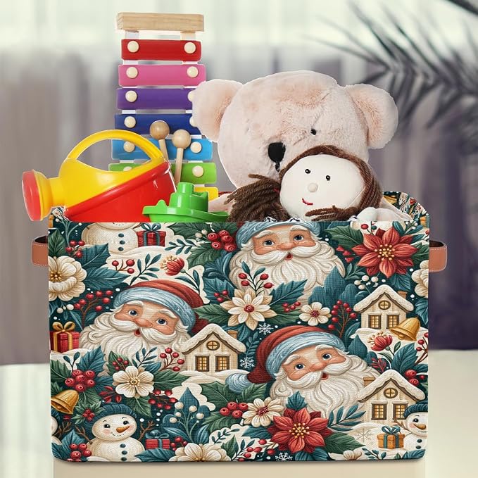 Christmas Basket Storage Bins Rectangle Canvas Basket Cube Storage Box | Nursery Foldable Basket with Handle for Kids Girls Boys Toys Living Room Closet Organizer Shelf Gifts Poinsettia Santa Claus