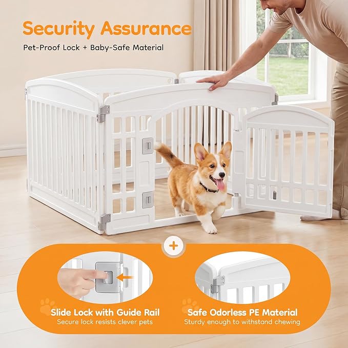 NEWBULIG 24 Inch 4 Panels Dog Playpen, Plastic Pet Play Pen Fence | Portable, Secure Locking Door, Indoor Outdoor Yard RV Camping, Small Medium Dogs, White