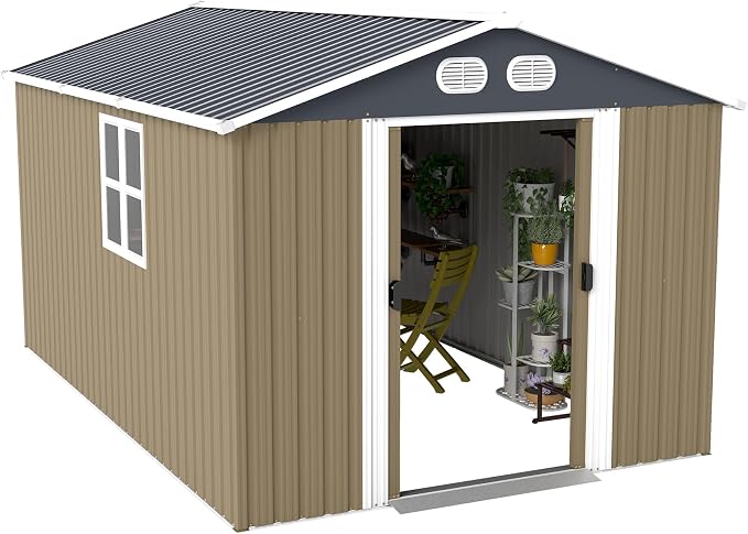 8x12 FT Outdoor Storage Shed, Metal Storage Shed with Lockable Door & Air Vents, Heavy-Duty Storage Tool Shed for Garden, Lawn, Backyard, Brown