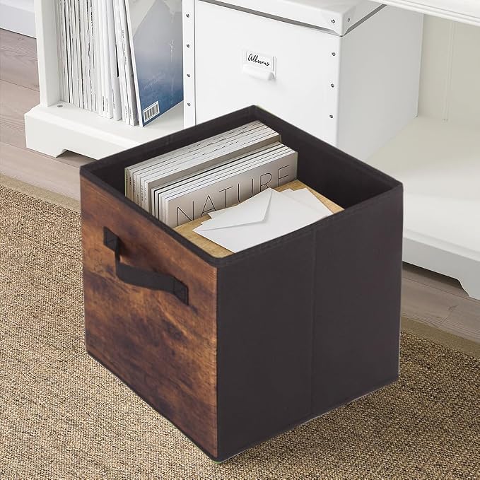 PowerKing Collapsible Storage Cubes, Farbic Storage Bins, Wood, 6 Pack | Sturdy, Lightweight, Easy Pull Handle, Closet & Shelf Organizer, Clothes and Toys Storage, 10.5'' x 11'' x 10.5''