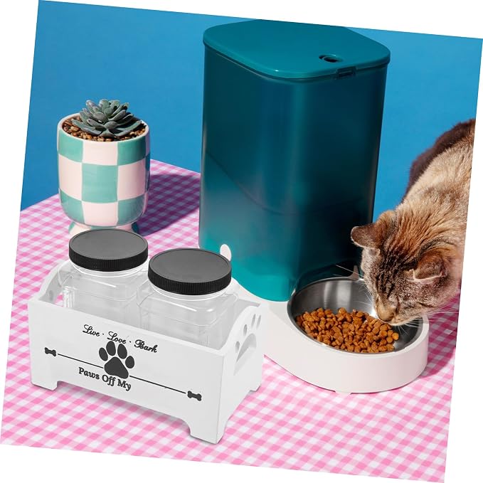 HOMSFOU Wooden Dog Treat Container Box with Airtight Lid and Double Jars, Pet Food Storage Organizer for Household Use, White Crate Suitable for Dog Snacks and Biscuits