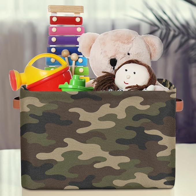 Pardick Camo Basket Storage Bins Rectangle Canvas Basket Cube Storage Box | Nursery Foldable Basket with Handle for Kids Girls Boys Toys Living Room Closet Organizer Shelf Gifts Military Army