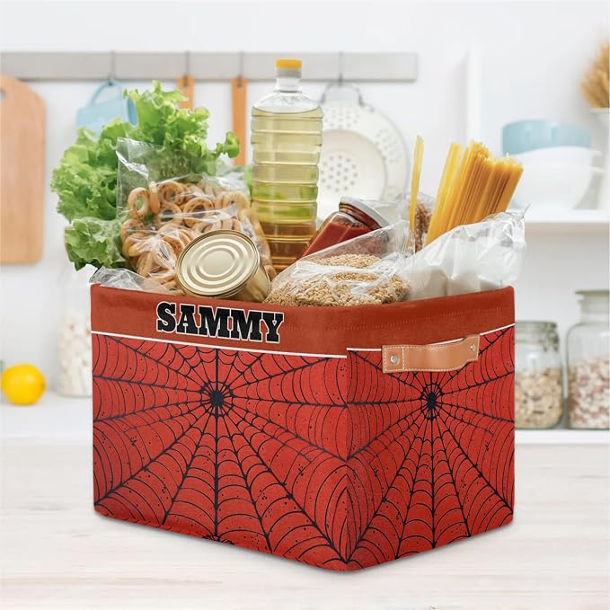 Custom Storage Basket, Personalized Name Rectangle Organizer Bin Spider Web Red Black for Pet/Children Toys, Books, Clothes, Perfect for Rooms/Playroom