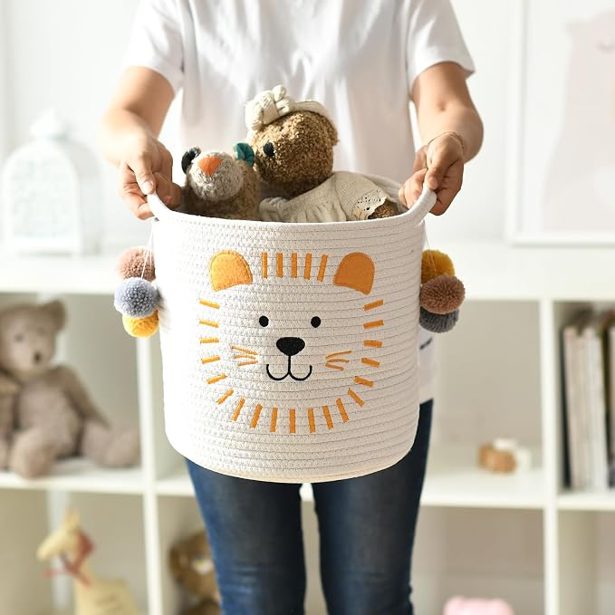 Toy Storage Baskets Cute Laundry Basket with Handles Dog Toy Storage Basket Durable Large Cotton Rope Storage Bins Home Organizer Solution for Office, Bedroom, Closet, Toys & Laundry (Lion)