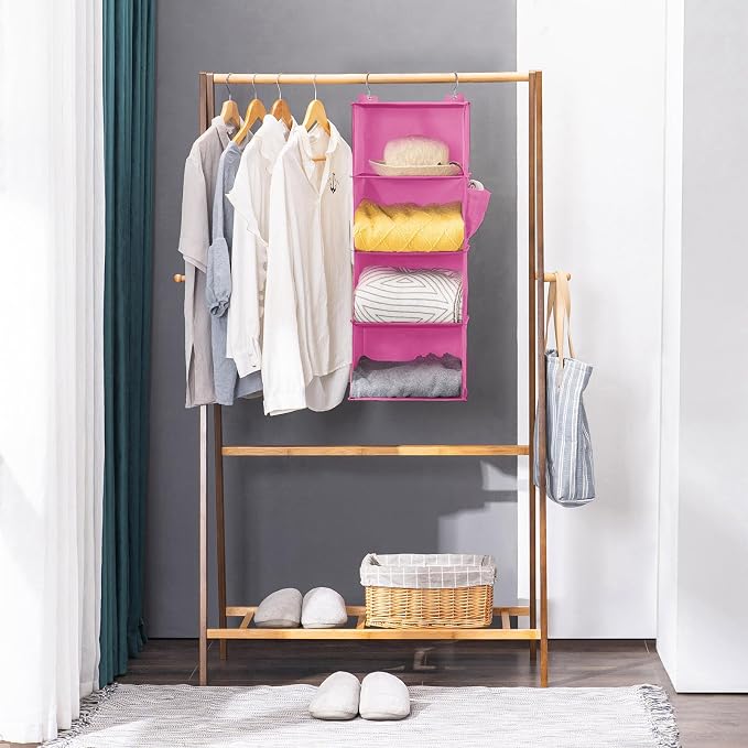 YOUDENOVA Hanging Closet Organizer and Storage, 4-Shelf, Light Pink | Locker/RV/Camper Organizer, Side Pocket, Hanging Shelves for Small Closet, Dorm Room Essentials for Guys, Breathable Fabric