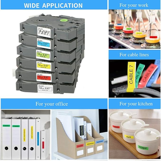 Compatible Label Tape for Brother P Touch TZe 12mm 0.47 Inch, 8-Pack | Black on White/Orange/Clear/Red/Blue/Yellow/Green, PT-D210 H110 D400 Label Maker, Laminated