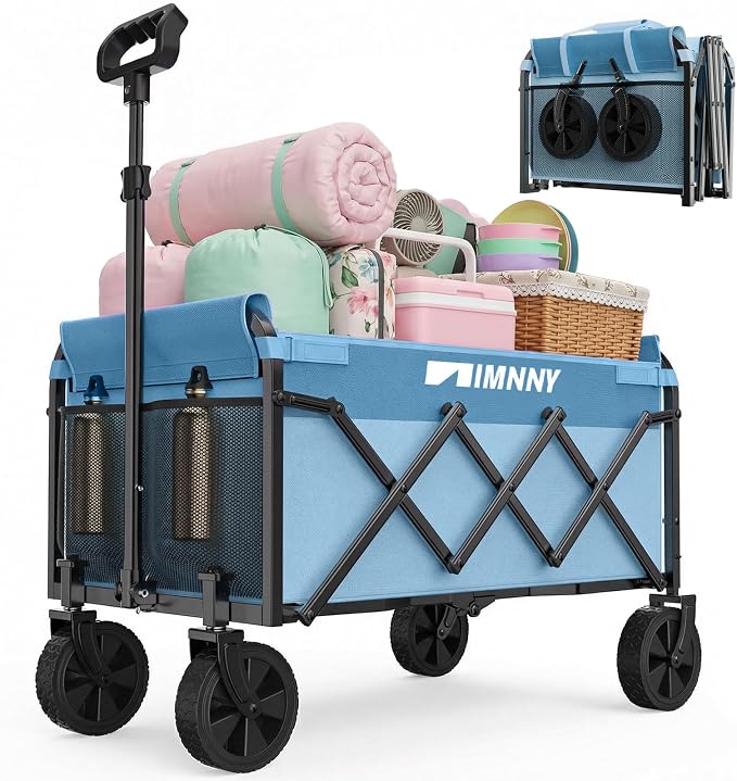 Small Collapsible Wagon Cart, Lightweight Portable Foldable Wagon with Wheels, 220lbs Utility Cart for Grocery, Light Camping, Sports, Easy to Fold & Store (Blue)