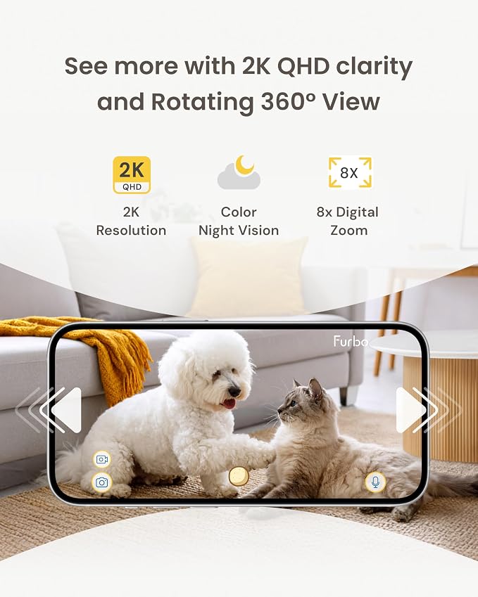 Furbo Mini 360° Pet Camera [No Monthly Fee] | Clear 2K QHD Video, 360° Rotating View, Barking/Meowing Alerts, 2-Way Audio, Color Night Vision, Pet Monitoring, No AI Alerts