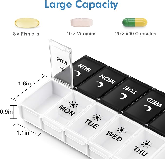DANYING Large Pill Organizer 2 Times a Day, Weekly Pill Box 2 Per Day, AM PM Pill Case, Day Night Pills Container 7 Day, Vitamin Case Twice a Day, Black & White