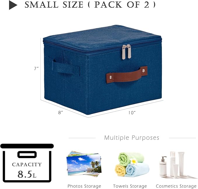 2PCS Storage Bins with Zipper Lids Decorative Lidded Basket Box | Clothes Container, Closet Shelf Organizer, Foldable Washable, Cotton Linen Fabric, w/ PU Leather Handles, Deep Blue, Small